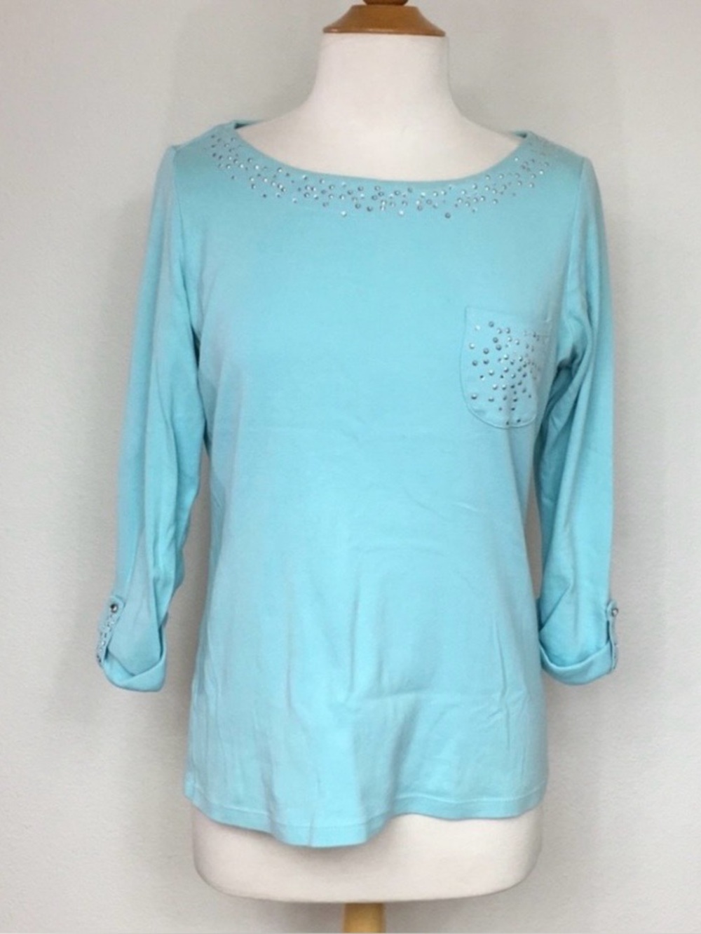 3/$25 Karen Scott Womens Tiffany Blue Bling Rolled Sleeve T-Shirt Size Size M